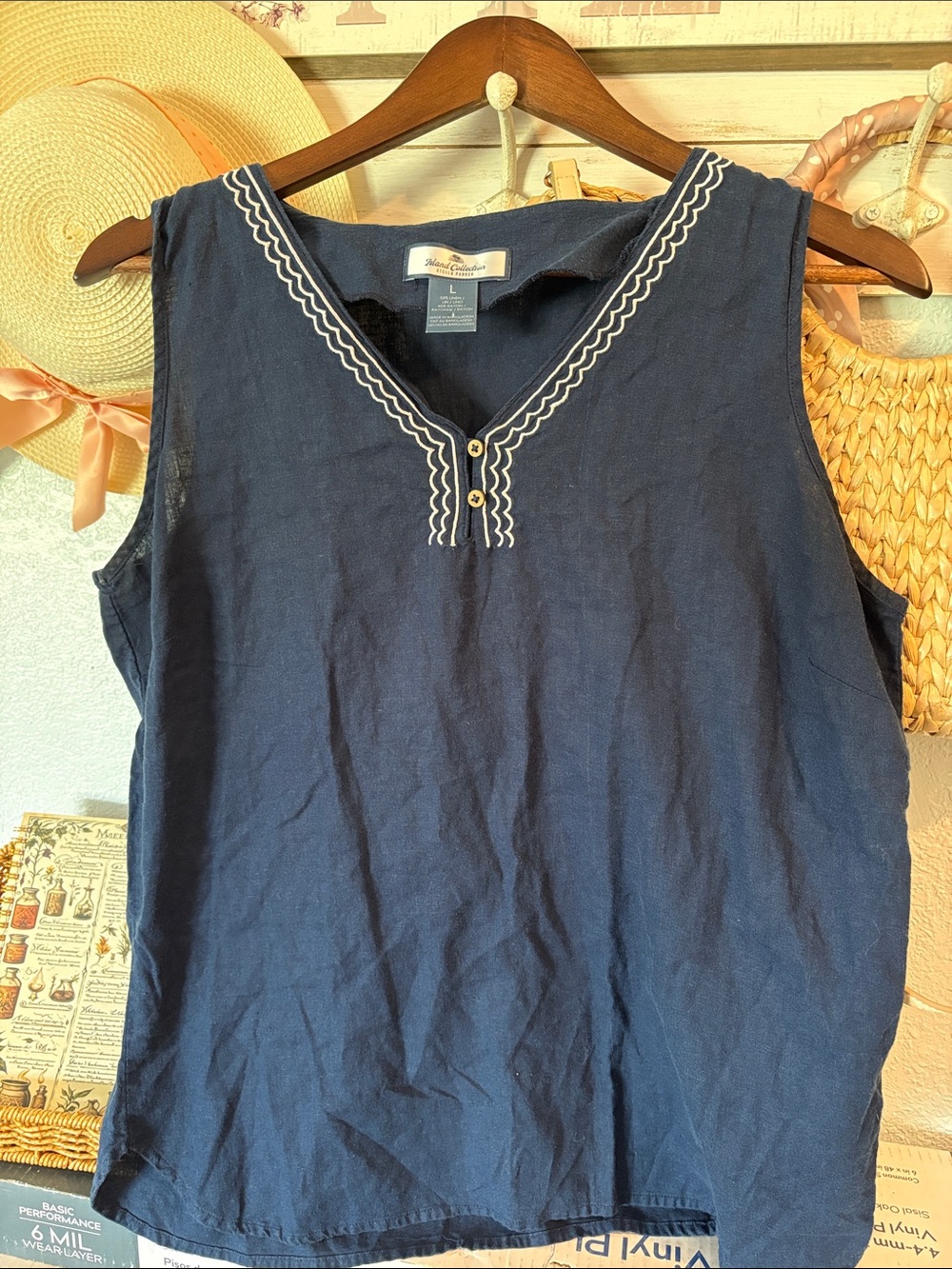 Stella Parker Island Collection Embroidered Linen Sleeveless Top Coastal Resort